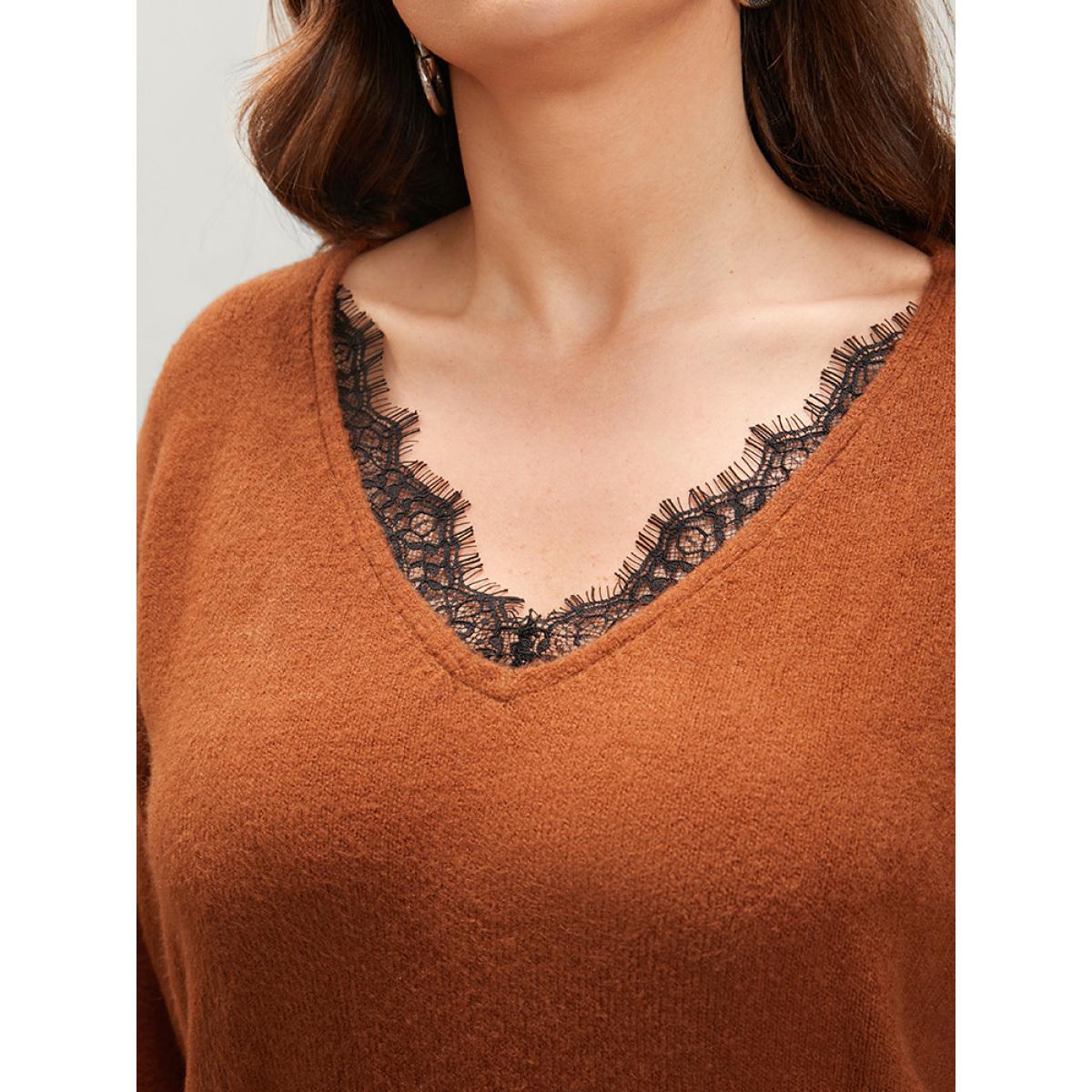 Plus Size Solid Pointelle Knit Lace Trim V Neck Knit Top Bronze Women Elegant Loose Long Sleeve V-neck Dailywear Pullovers BloomChic 14-16/1X Product Image