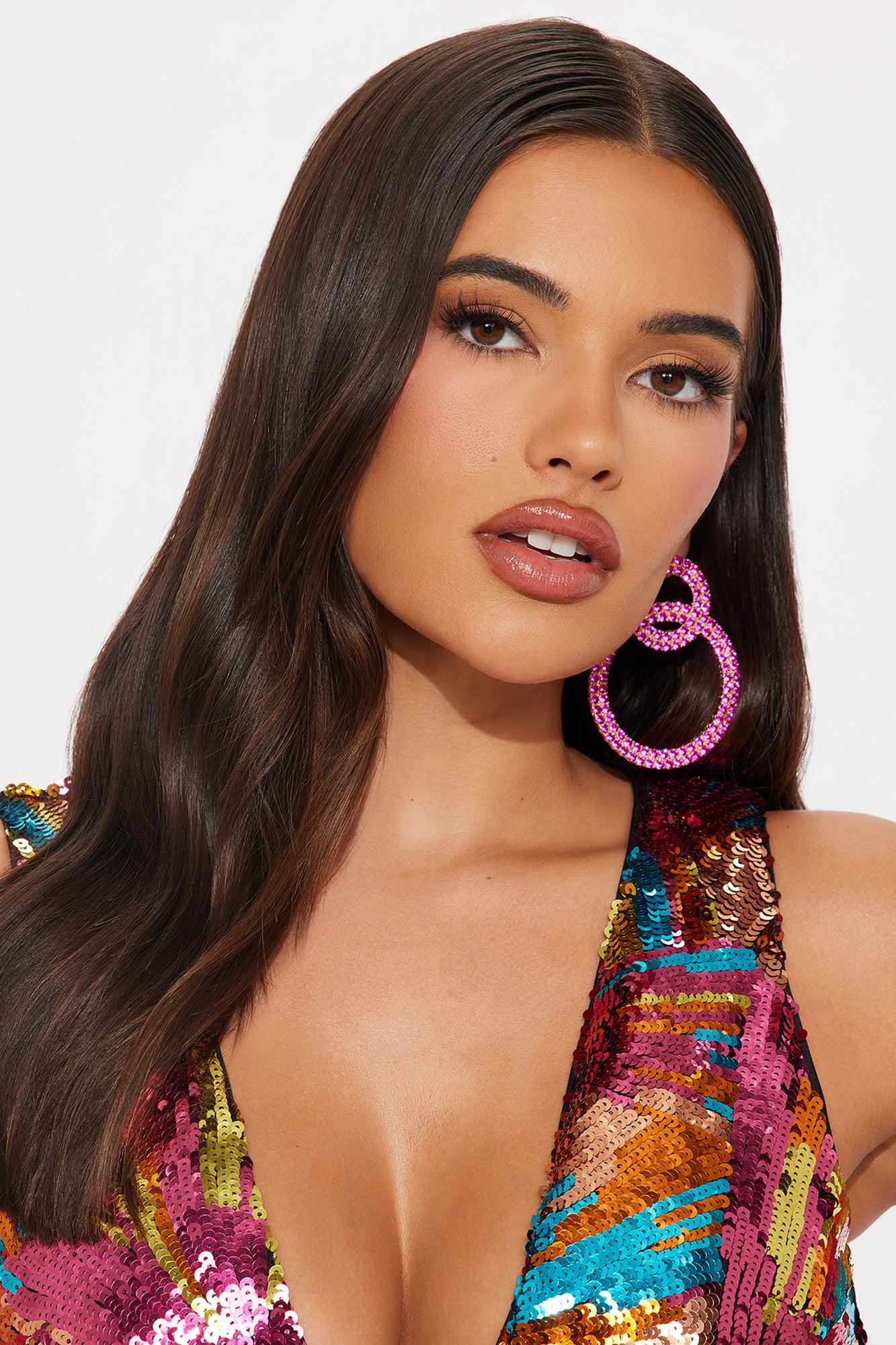 Stunting On You Rhinestone Double Hoop Earrings - Fuchsia Female Product Image