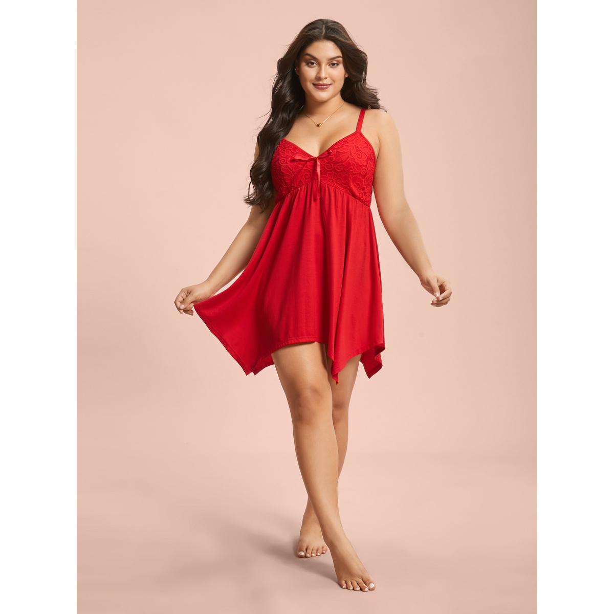 Plus Size Bowknot Crochet Lace Asymmetrical Hem Lounge Dress Women Brightred Lounge Texture V-neck Loungewear BloomChic 26/4X Product Image