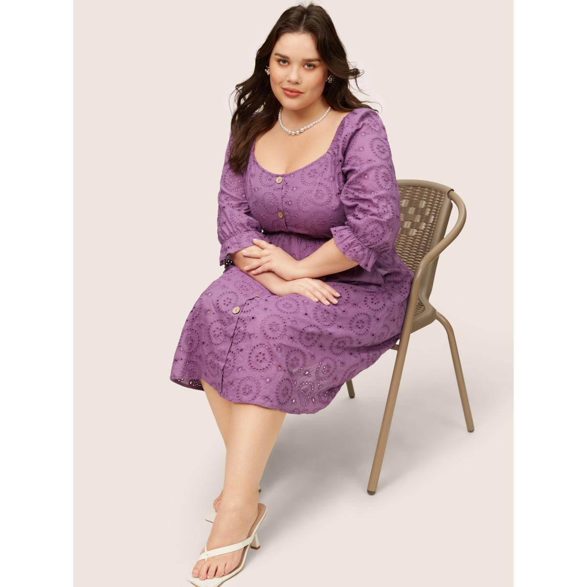 Plus Size Broderie Anglaise Gathered Square Neck Button Detail Dress Mauve Women Elegant Non Square Neck Elbow-length sleeve Curvy Midi Dress BloomChic 30/6X Product Image