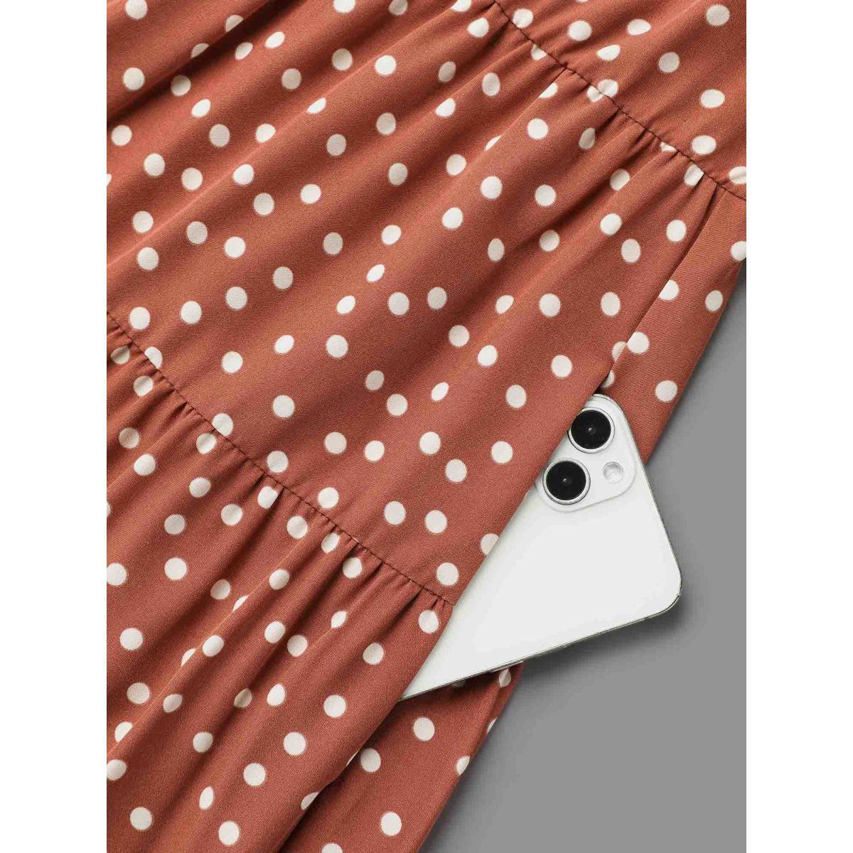 Plus Size Polka Dot Waist-Cinched Tiered Dress Rust Women At the Office Ruffles Round Neck Long Sleeve Curvy BloomChic 26/4X Product Image
