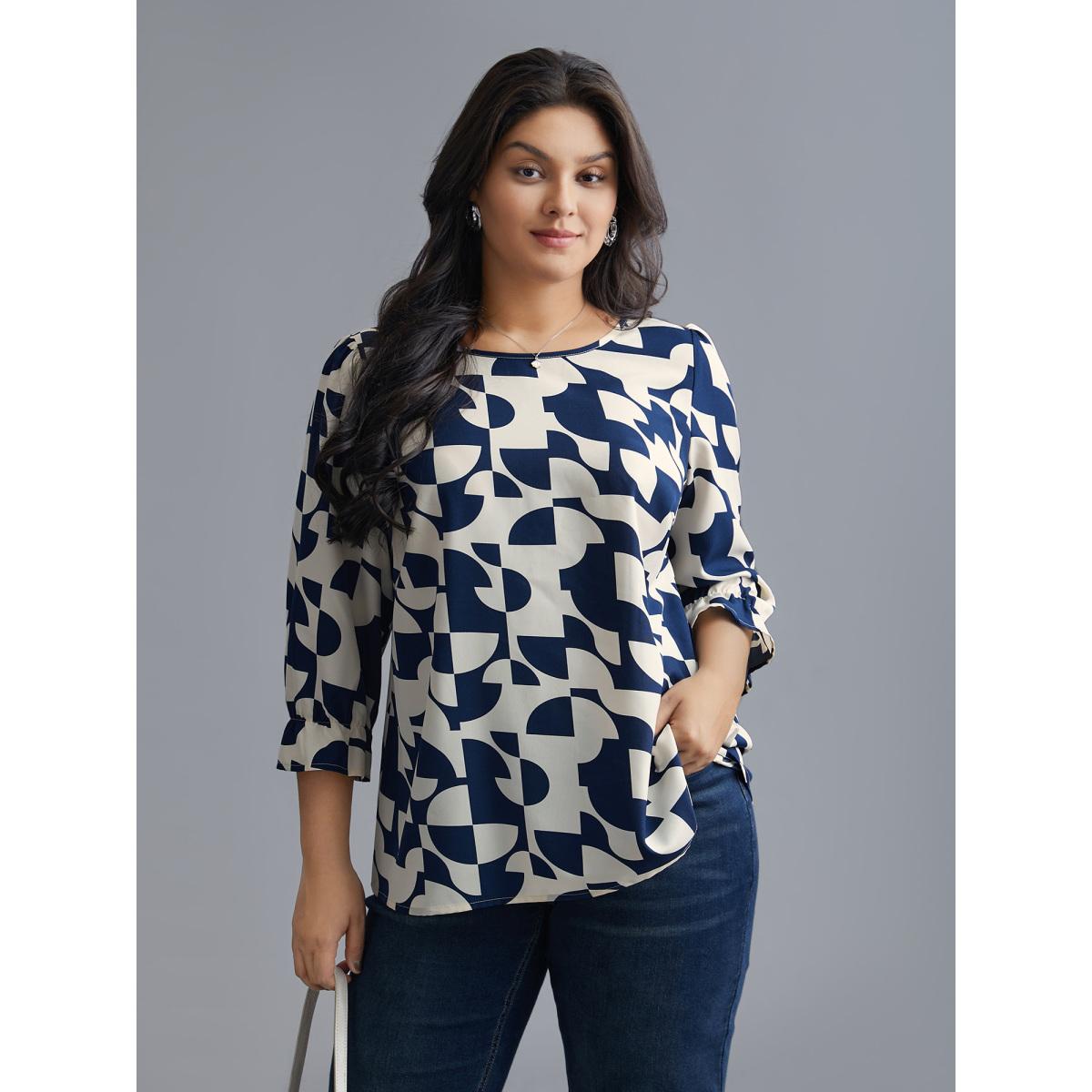 Plus Size Indigo Round Neck Geometric Print Blouse Women Office Elbow-length sleeve Round Neck Office Blouses BloomChic 10/M Product Image