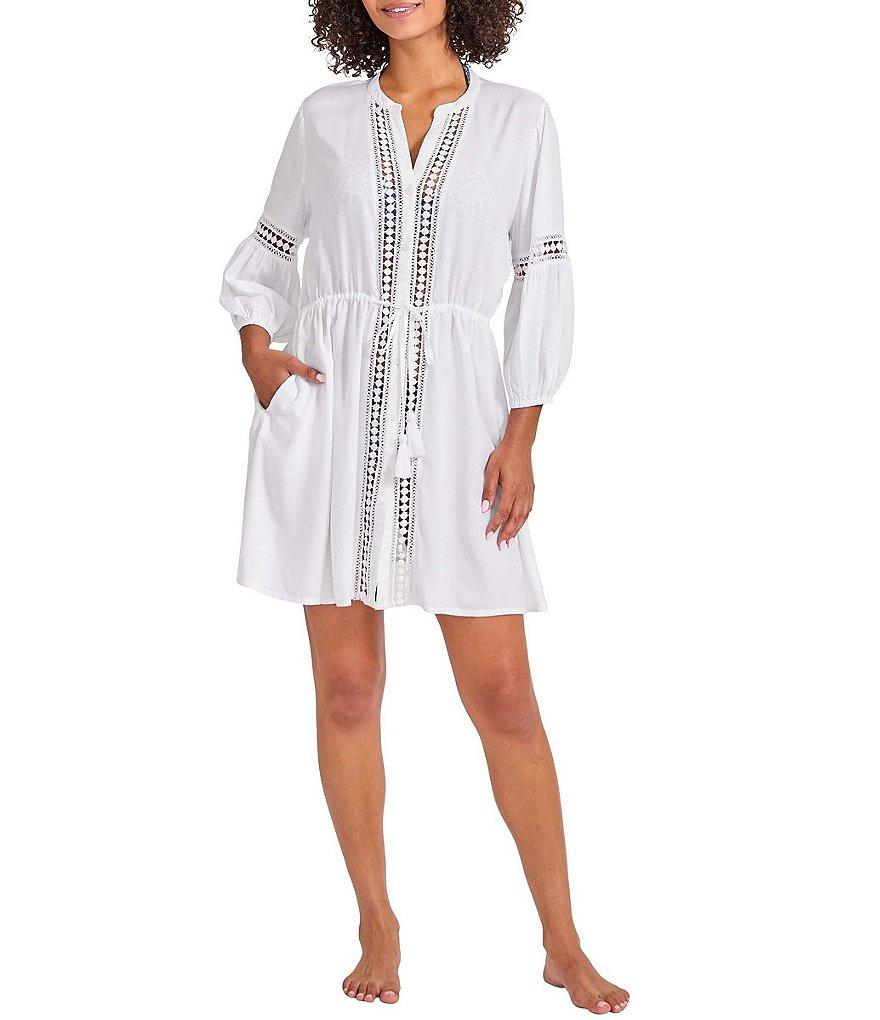 Tommy Bahama Sunlace Rayon V-Neck Belted Button Front Shirt Dress Swim Cover-Up Product Image