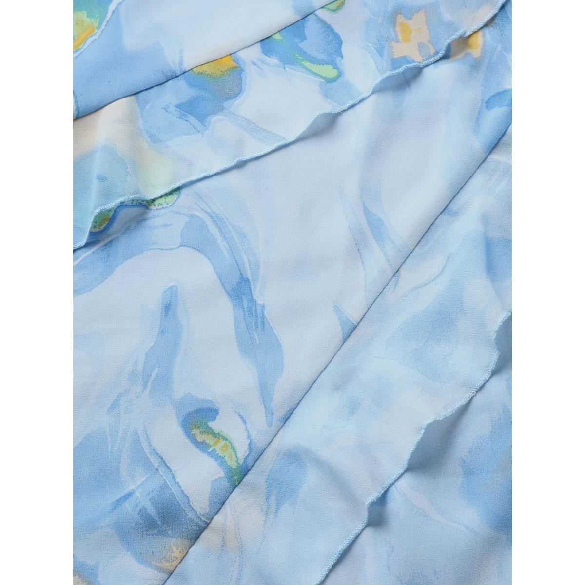 Plus Size Watercolor Floral Ruffle Trim Slit Hem Dress LightBlue Women Elegant Slit Non Sleeveless Curvy BloomChic 12/L Product Image