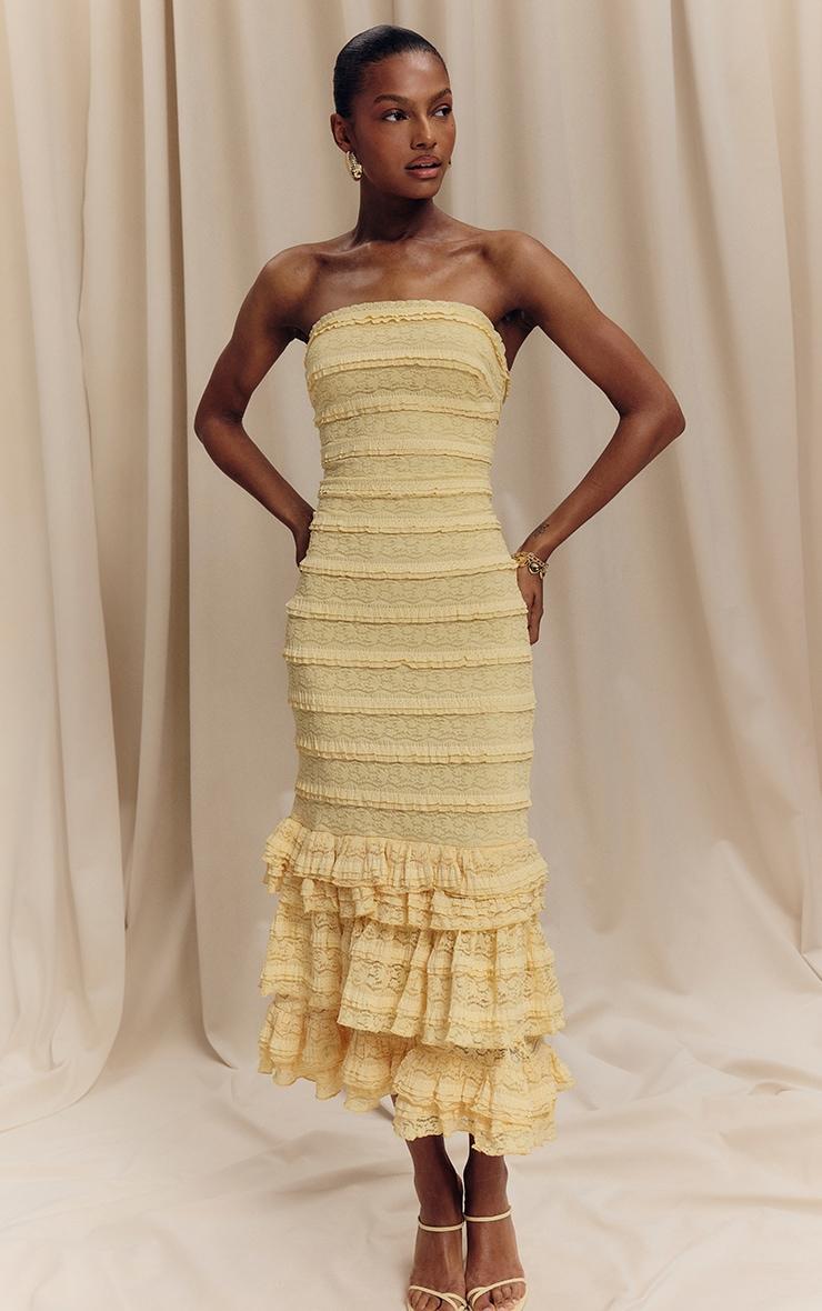 Lemon Textured Lace Frill Tiered Midaxi Dress Product Image