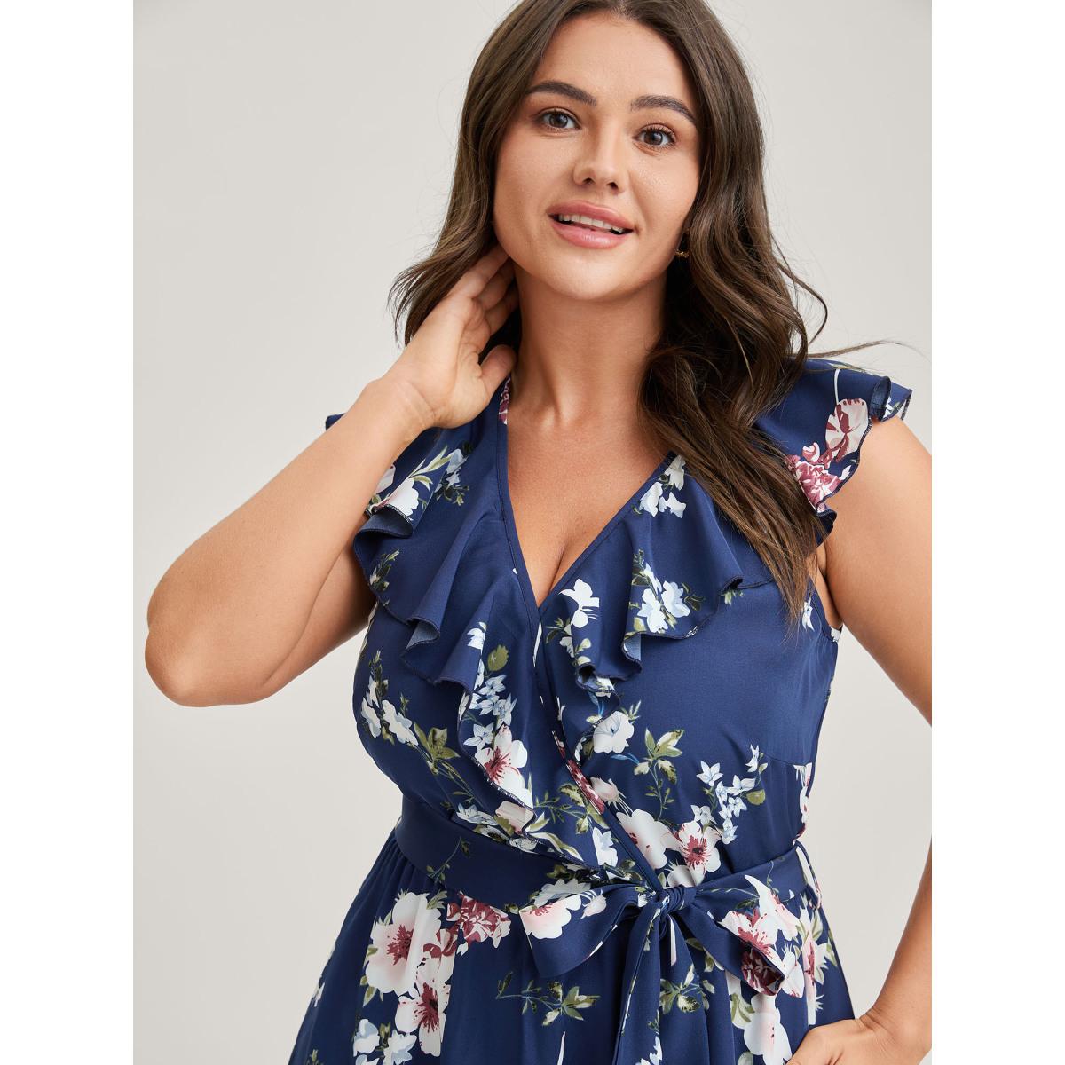 Plus Size Floral Belted Waist Ruffled Pockets Midi Dress DarkBlue Women Timeless Overlap Collar Cap Sleeve Curvy BloomChic 30/6X Product Image