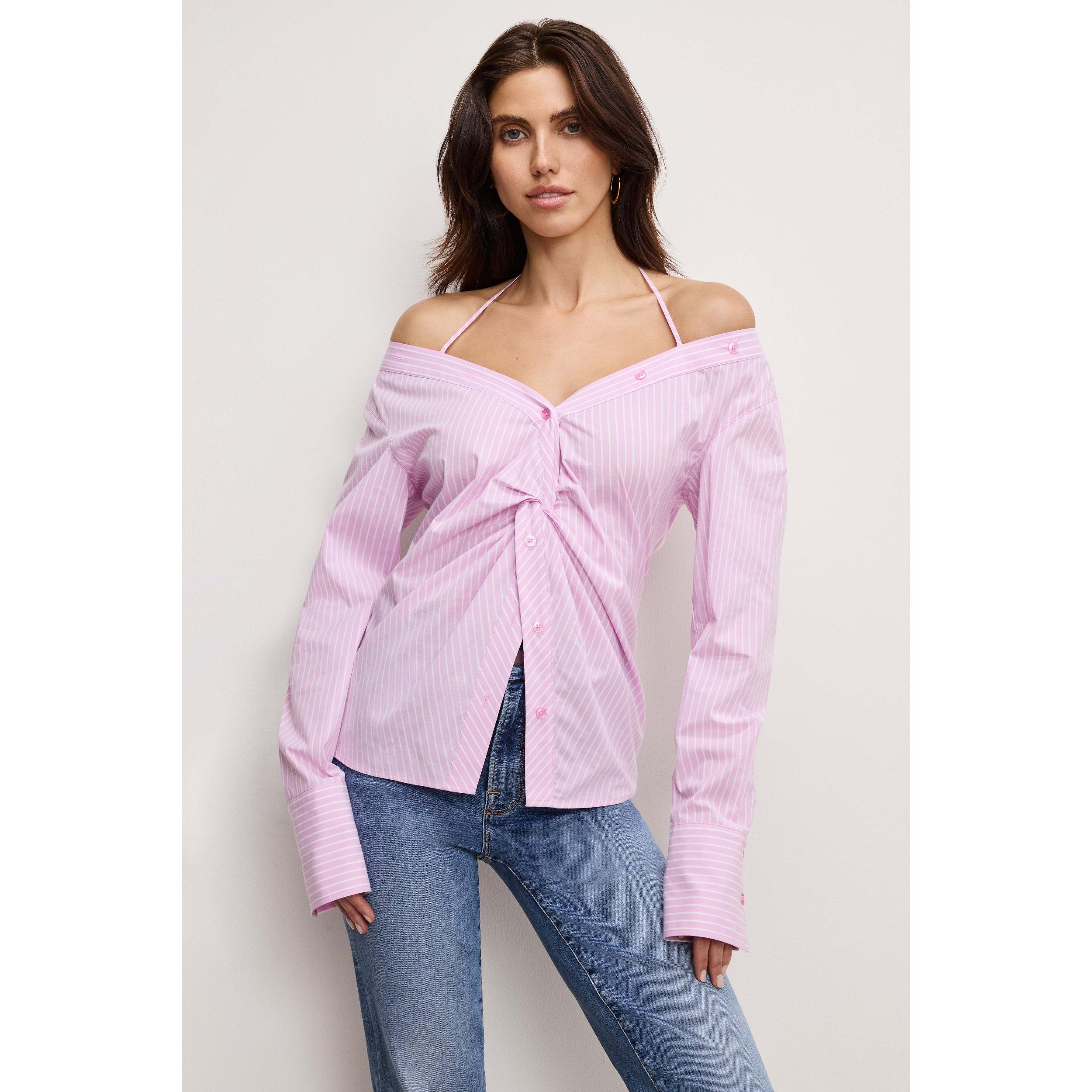 Womens Pinstripe Off-the-Shoulder Shirt Product Image