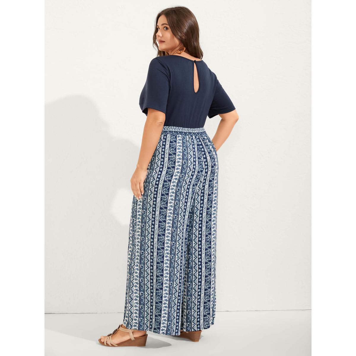 Plus Size Indigo Boho Striped Shirred Contrast Jumpsuit Women Boho Short sleeve U-neck Vacation Loose Jumpsuits BloomChic 14-16/1X Product Image