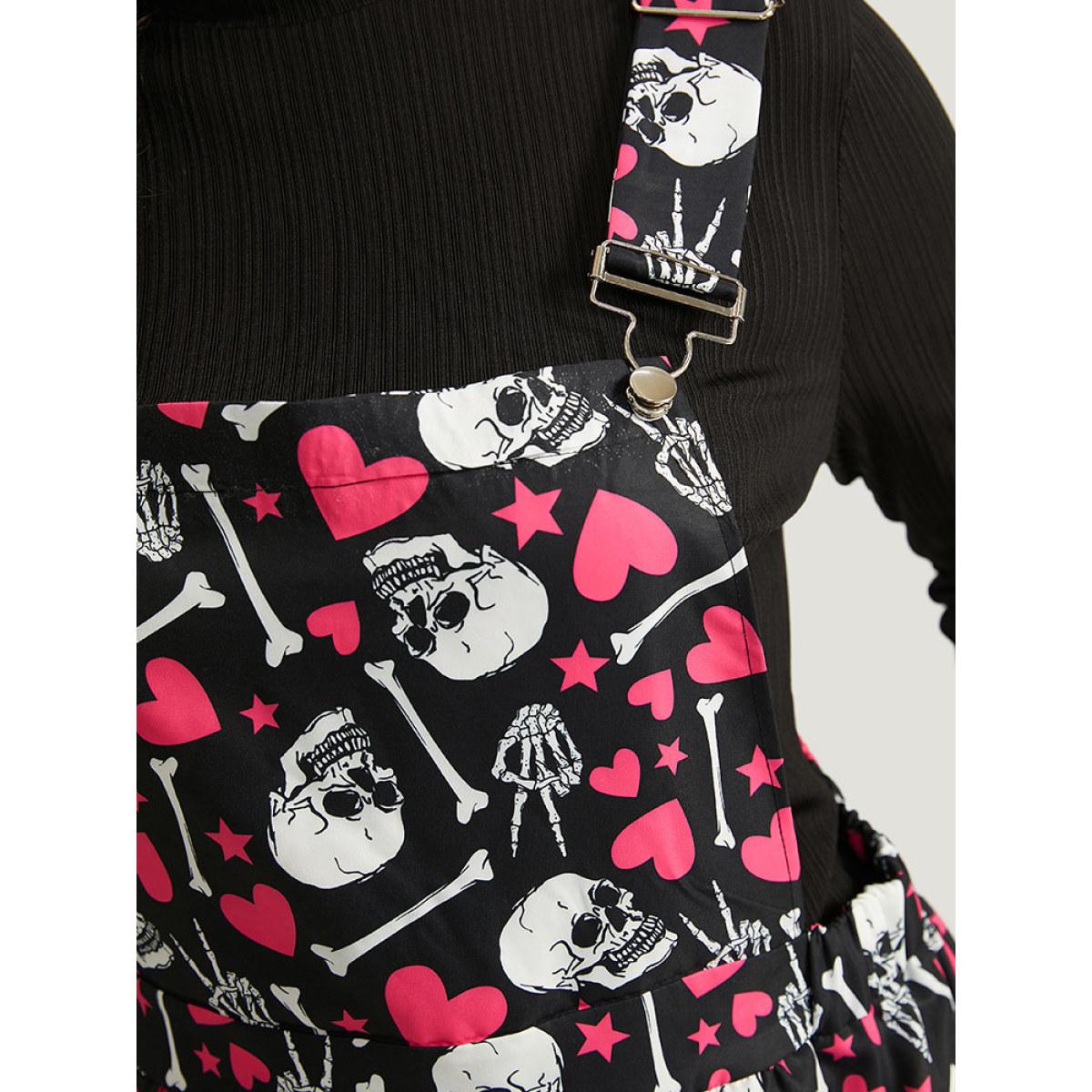 Plus Size Black Halloween Skull &Heart Print Pocket Gathered Jumpsuit Women Casual Sleeveless Spaghetti Strap Festival-Halloween Loose Jumpsuits BloomChic 18-20/2X Product Image
