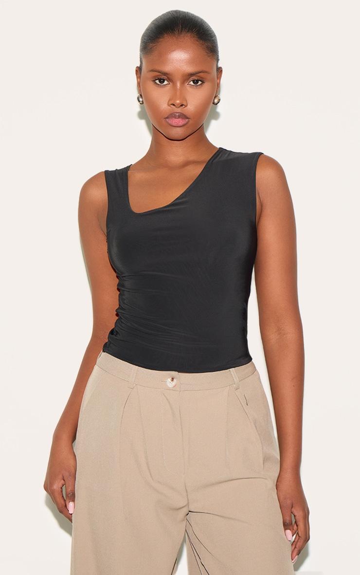 Black Slinky Asymmetric Detail Longline Vest Top Product Image