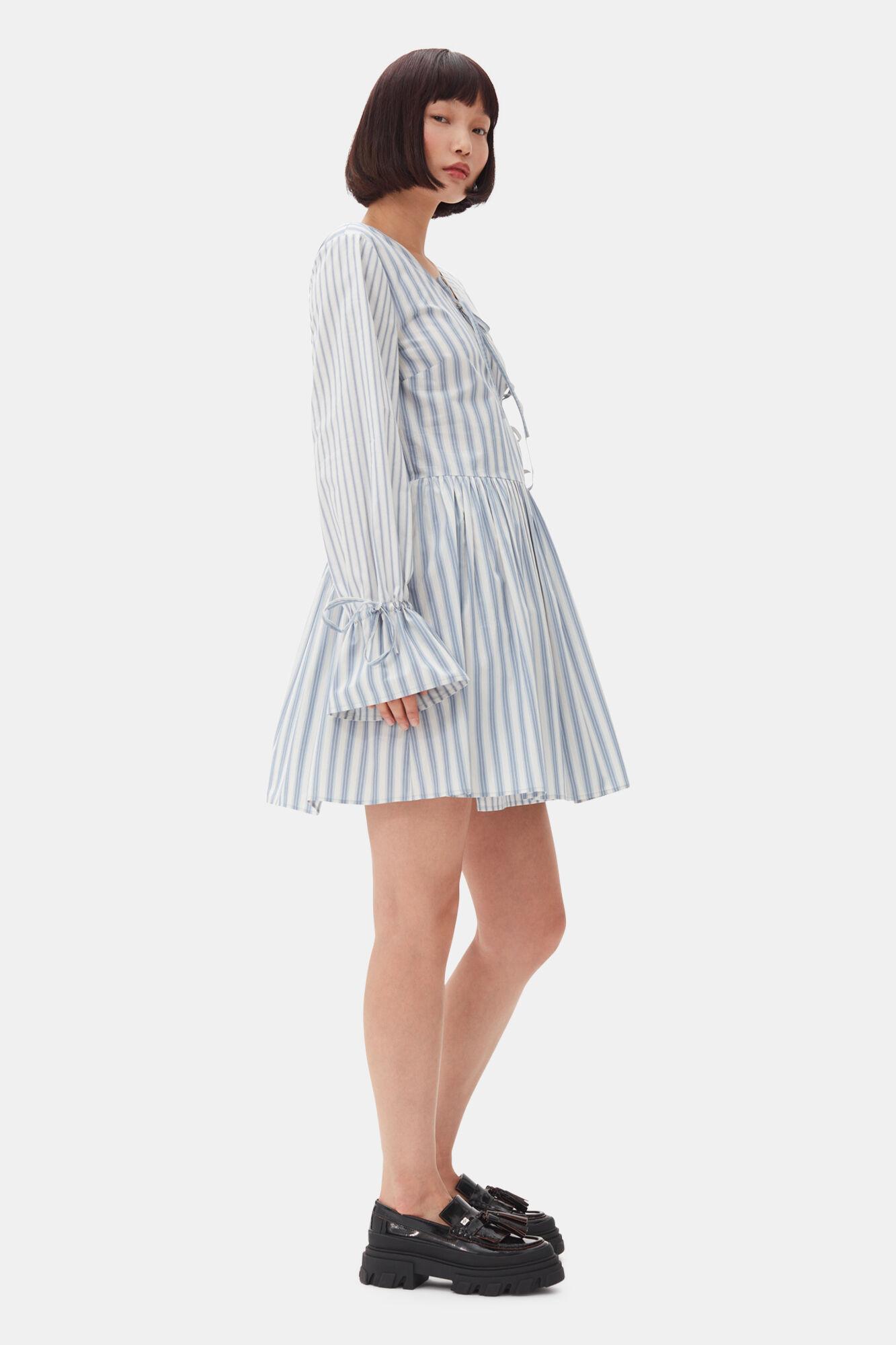 Blue Stripe Cotton Mini Wrap Dress Product Image