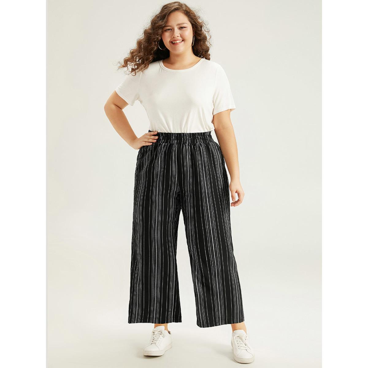 Plus Size Striped Elastic Waist Straight Leg Pants Women Black Casual Straight Leg High Rise Dailywear Pants BloomChic 22-24/3X Product Image