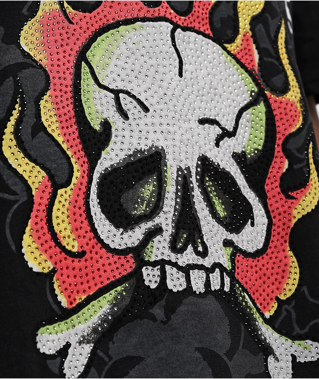 Ed Hardy Flame Skull Rhinestone Black T-Shirt Product Image
