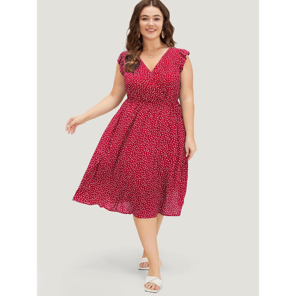 Plus Size Leopard Wrap Ruffle Trim Pocket Cap Sleeve Dress Cyan Women Elegant Wrap V-neck Cap Sleeve Curvy Midi Dress BloomChic 14-16/1X Product Image