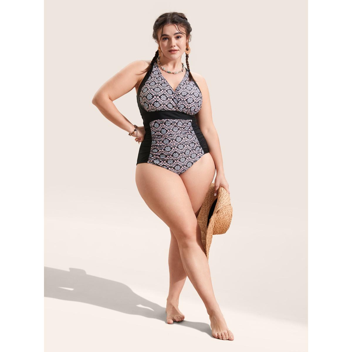 Plus Size Overlap Collar Boho Print Patchwork One Piece Swimsuit Women's Swimwear Black Beach Gathered Curve Bathing Suits High stretch One Pieces BloomChic 30/6X Product Image