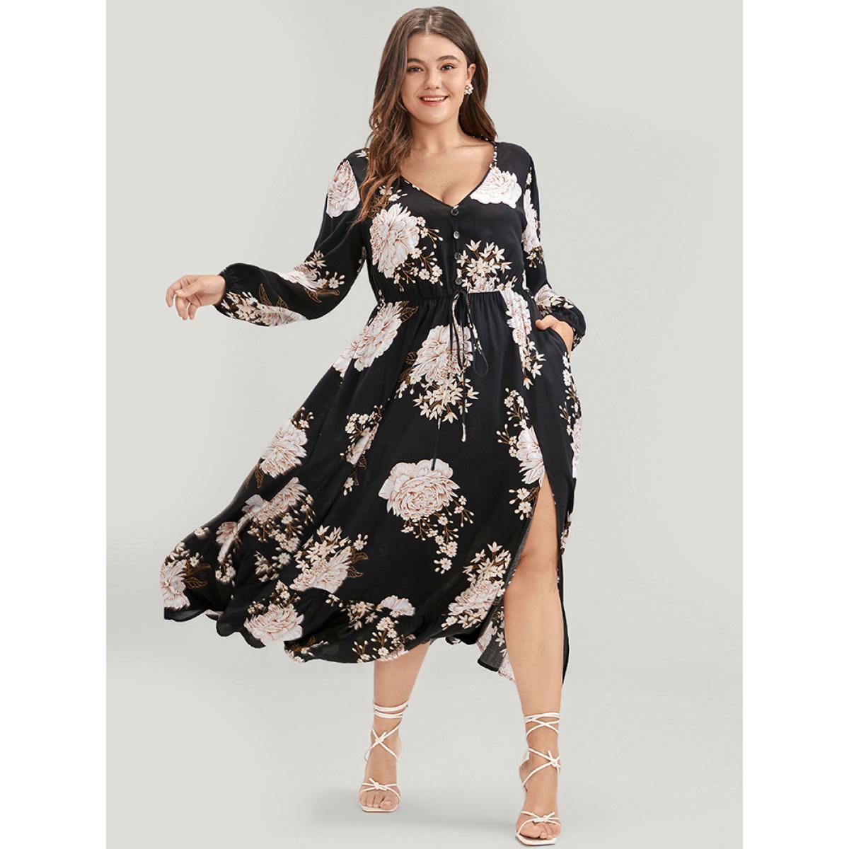 Plus Size Floral Lantern Sleeve Ties Up Pocket Split Flutter Dress Black Women Elegant Elastic Waist V-neck Long Sleeve Curvy Long Dress BloomChic 22-24/3X Product Image