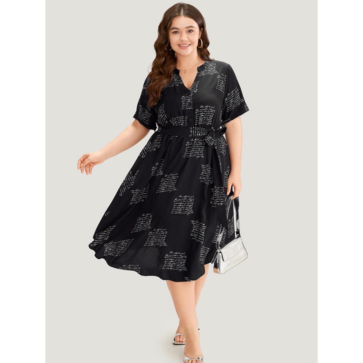 Plus Size Letter Print Notched Belted Arc Hem Dress Black Women Office Belted Mock Neck Short sleeve Curvy Midi Dress BloomChic 30/6X Product Image