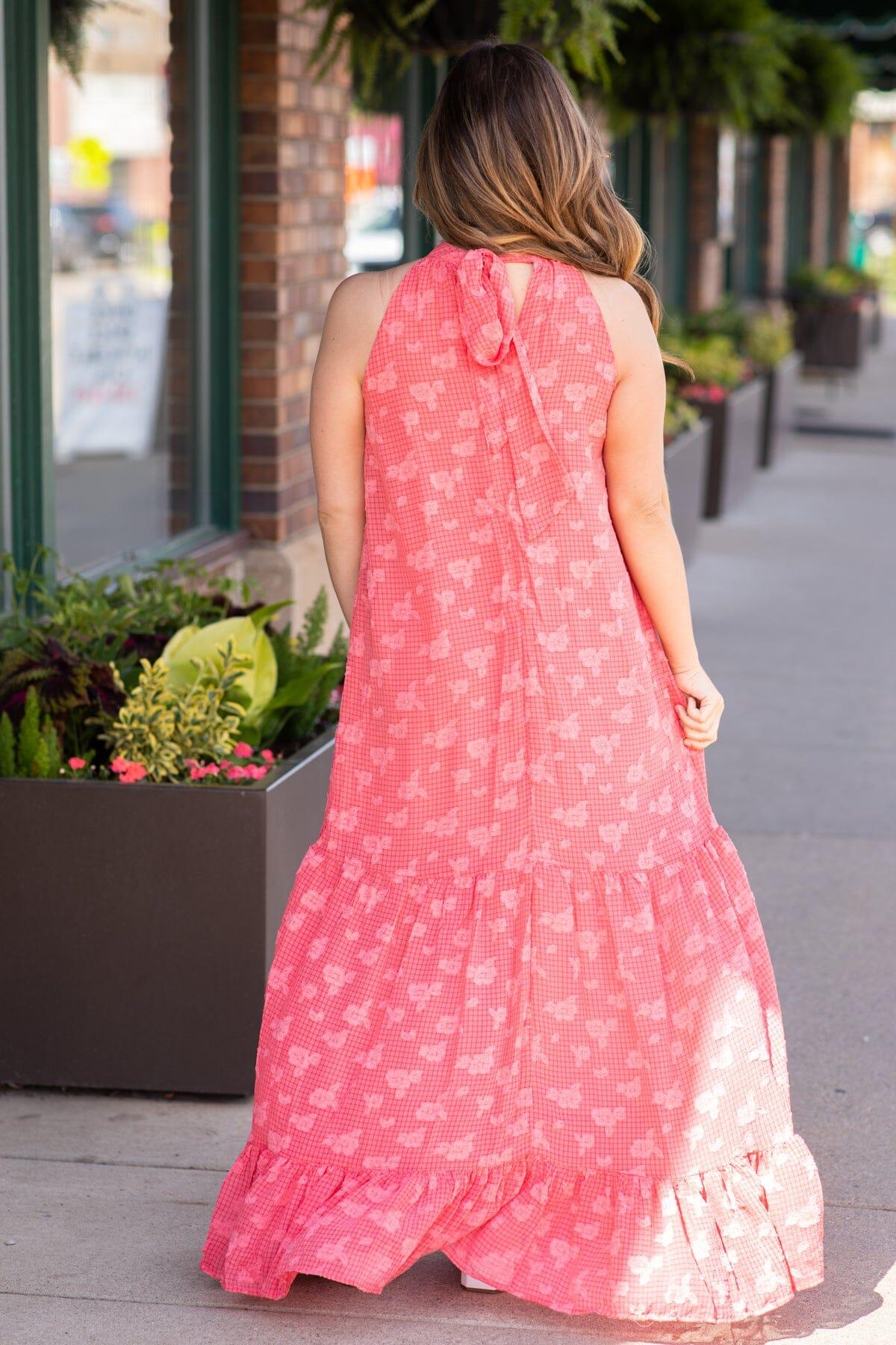 Coral Textured Halter Neck Maxi Dress Product Image