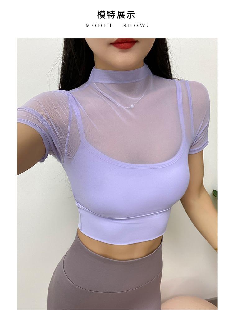 Short-Sleeve Mock Neck Plain Mesh Panel Cropped Sports T-Shirt Product Image