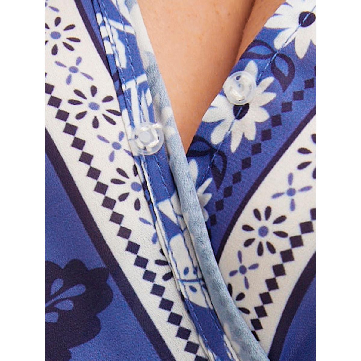 Plus Size Blue Bandana Ruffles Elastic Waist Wrap Blouse Women Vacation Short sleeve V-neck Dailywear Blouses BloomChic 10/M Product Image