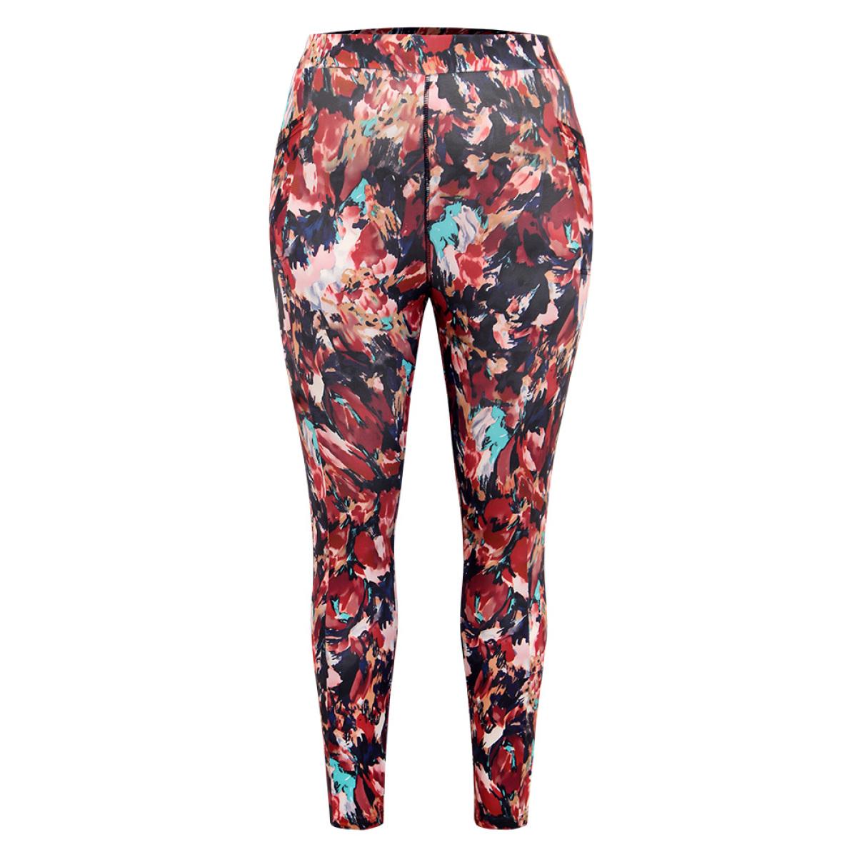 Plus Size Pixel Flower Pocket Elastic Waist High Rise Leggings Women Multicolor Casual High stretch Skinny High Rise Everyday Leggings BloomChic 28/5X Product Image