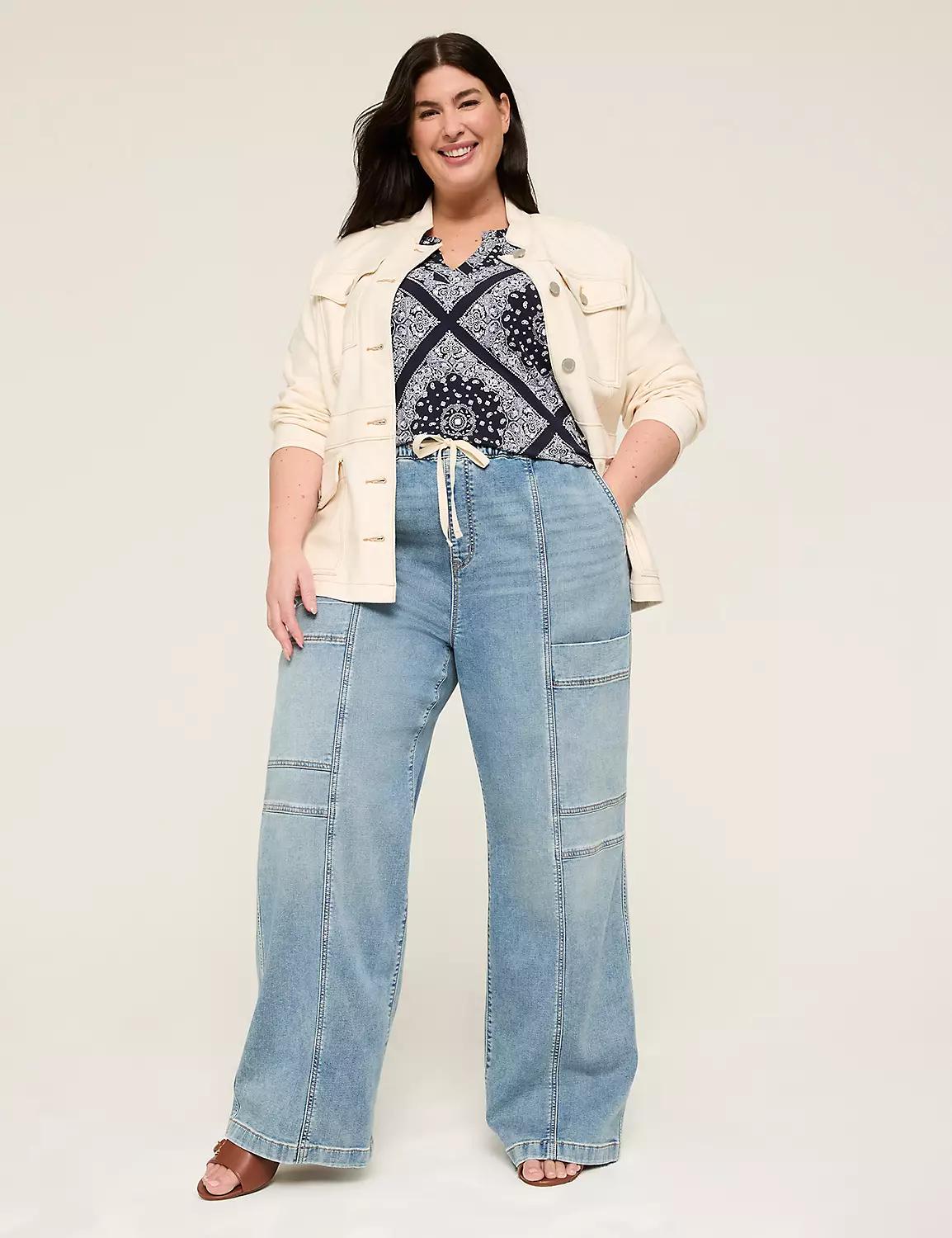 Pull-On High-Rise Knit Denim Straight Leg Cargo Jean Product Image