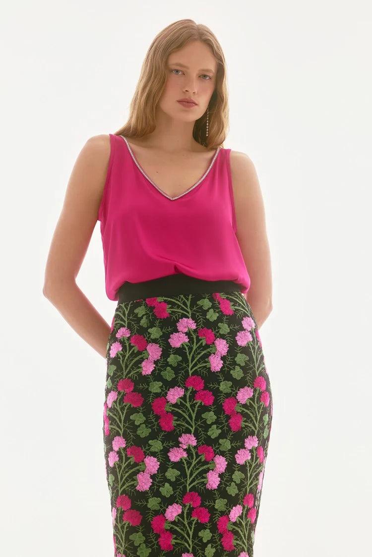 Novelty Floral Embroidered Pencil Skirt- Black/Multi Product Image