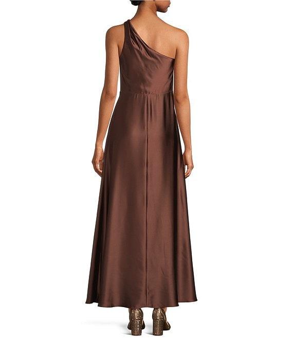 Alex Marie Petite Camila Stretch Satin Asymmetrical One Shoulder Metal Loop Strap A-Line Maxi Dress Product Image