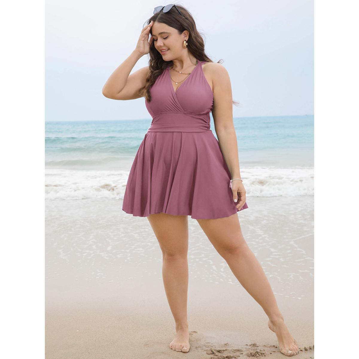 Plus Size Solid Ruffle Hem Empire Waist Halter Neck Swim Dress Women's Swimwear Lilac Beach Bodycon Halter neck High stretch Curve Swim Dresses BloomChic 12/L Product Image