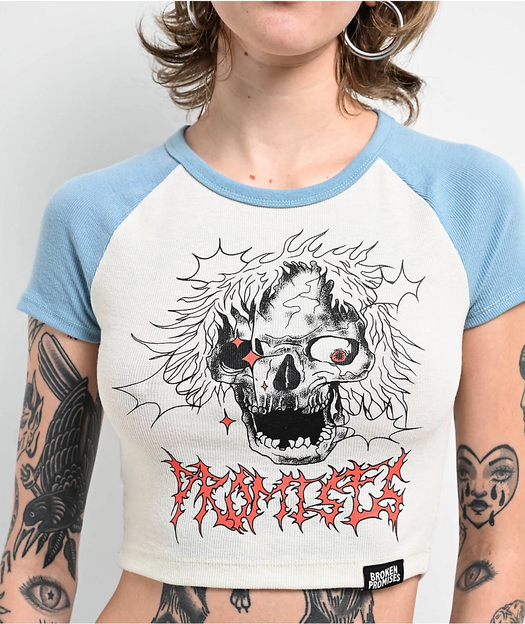 Broken Promises Manic Natural & Pastel Blue Raglan Crop T-Shirt Product Image