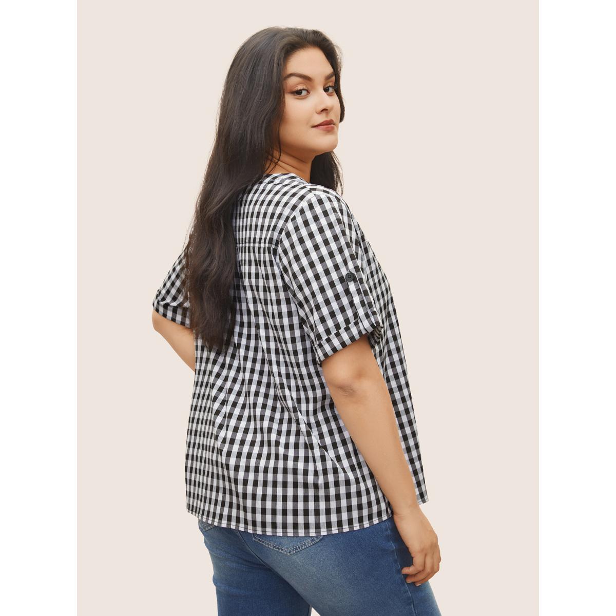 Plus Size Black Gingham Gathered Notched Tab Sleeve Blouse Women Casual Sleeveless Notched collar Everyday Blouses BloomChic 14-16/1X Product Image