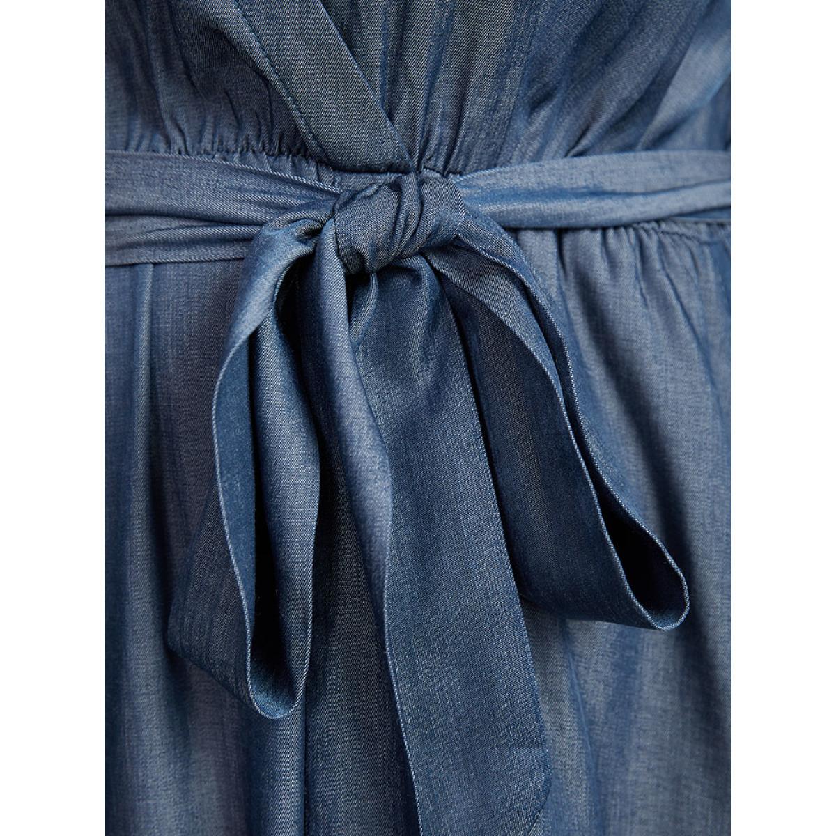 Plus Size Plain Button Detail Wrap Belted Tab Sleeve Dress Indigo Women Casual Plain V-neck Long Sleeve Curvy Midi Dress BloomChic 22-24/3X Product Image