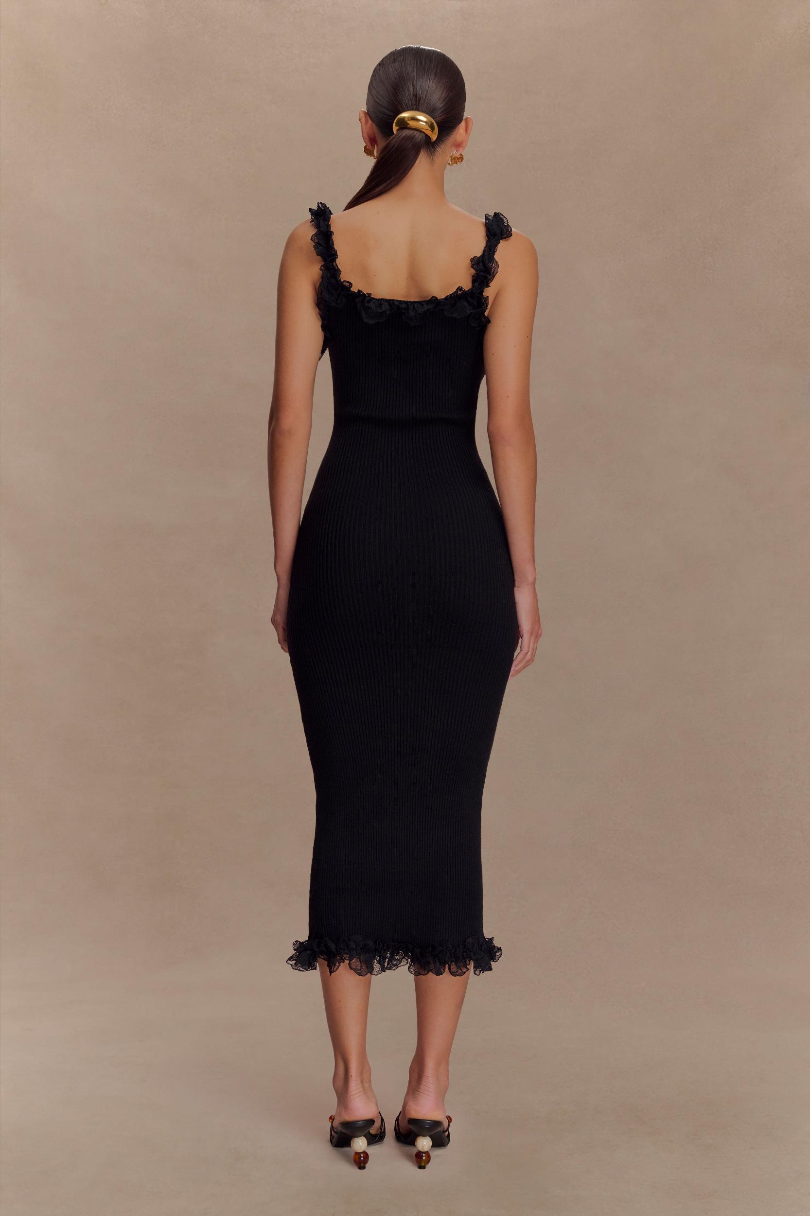 Shay Lace Ruffle Knit Midi Dress - Black Product Image