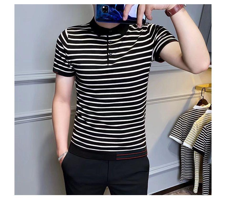 Short-Sleeve Striped Polo Knit Top Product Image