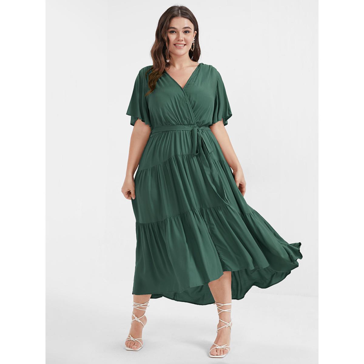 Plus Size Solid Button Pocket Belted Ruffles Wrap Midi Dress DarkGreen Women Elegant Cross straps V-neck Short sleeve Curvy Long Dress BloomChic 18-20/2X Product Image