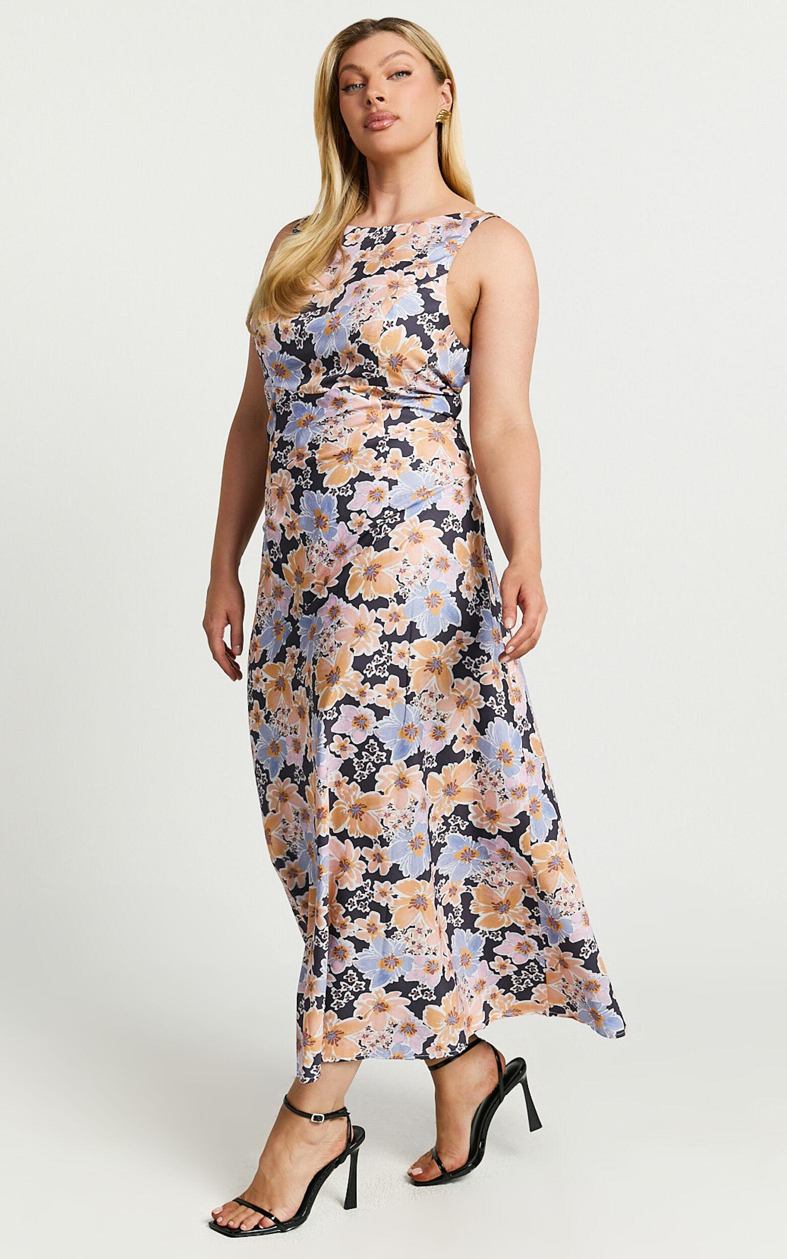 Jenibelle Midi Dress - Boat Neck Open Back Sleeveless Bias Cut Slip Dress in Mellow Floral Product Image