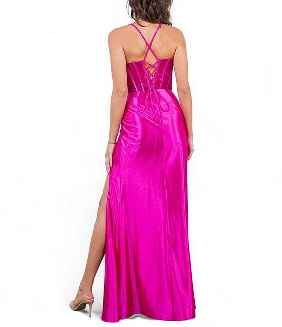 Cinderella Couture Drape Neck Spaghetti Strap Mesh Heat Stone Corset Side Slit Fitted Gown Product Image