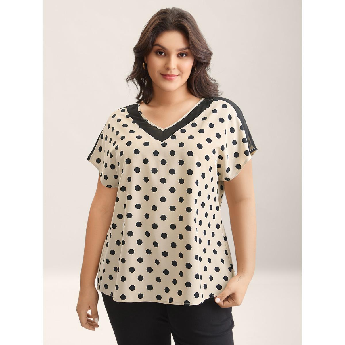 Plus Size Champagne Polka Dots Color Contrast Blouse Women Short sleeve V-neck Work Blouses BloomChic 26/4X Product Image