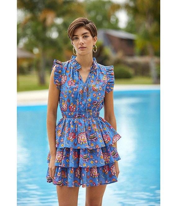 Ro's Garden Bimba Woven Floral Print Split Tie Neck Flutter Sleeve Tiered Mini Dress Product Image