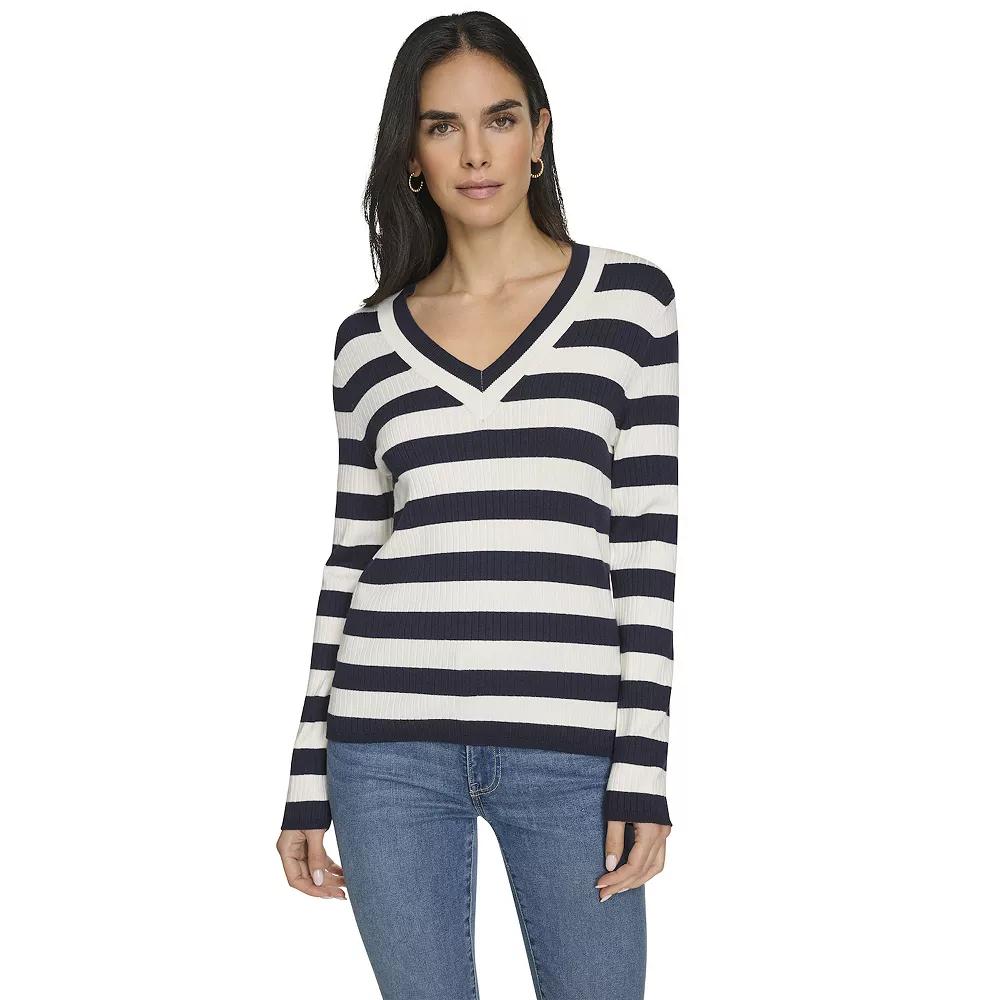 Women's Nautica Striped V-Neck Sweater, Size: XL, Blue Stripe Product Image