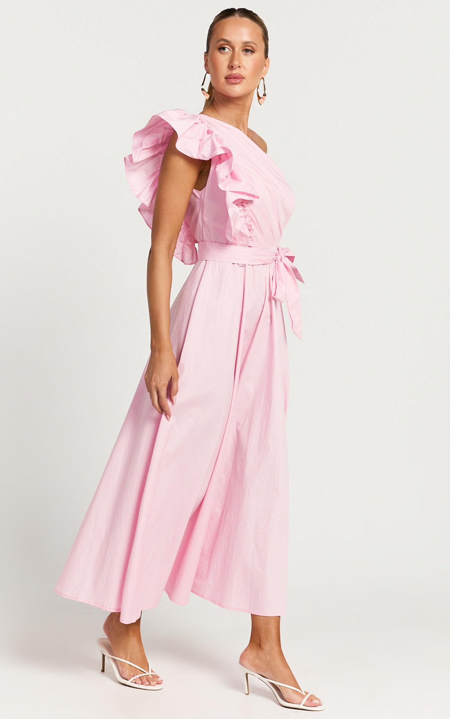 Almeida Midi Dress - One Shoulder Ruffle Detail Belted Dress in Pink Product Image
