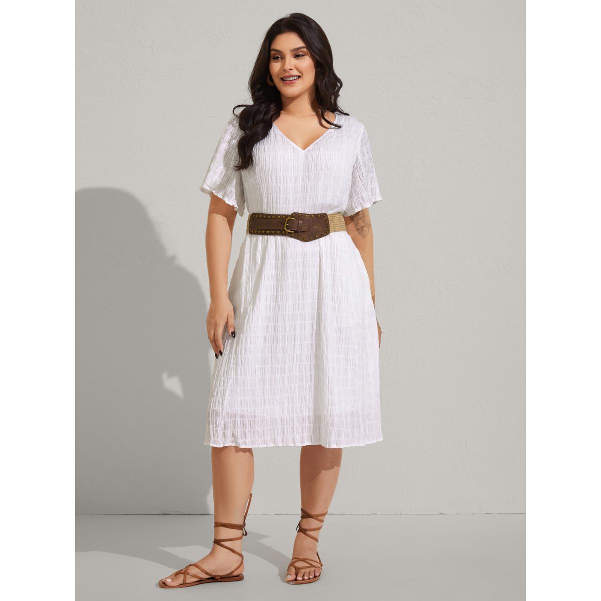 Plus Size Rayon Lace Cinched-Waist Midi Dress WhiteSmoke Women V-neck Half Sleeve Curvy BloomChic 26/4X Product Image