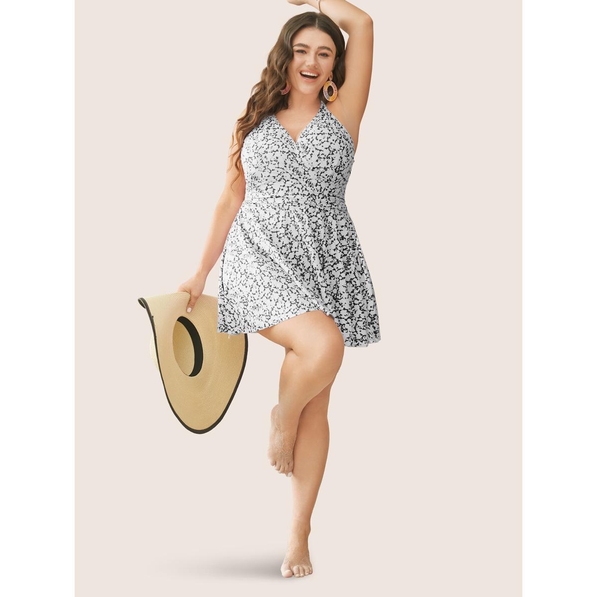 Plus Size Ditsy Floral Halter Neck Split Hem Swim Dress Women's Swimwear Black Beach Bodycon V-neck High stretch Curve Swim Dresses BloomChic 26/4X Product Image