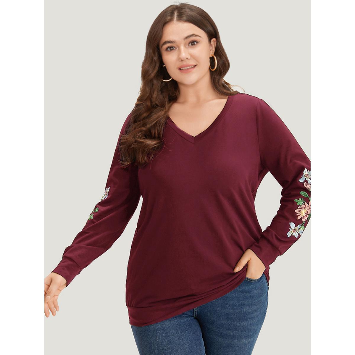 Plus Size Floral Embroidered Elastic Cuffs V Neck Sweatshirt Women Burgundy Elegant Elastic cuffs V-neck Dailywear Sweatshirts BloomChic 30/6X Product Image