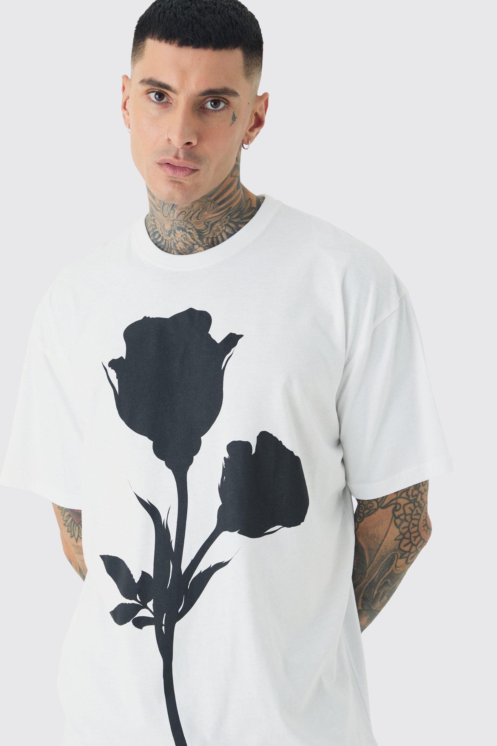 Tall Mono Placement Floral Graphic T-shirt In White | boohooMAN USA Product Image