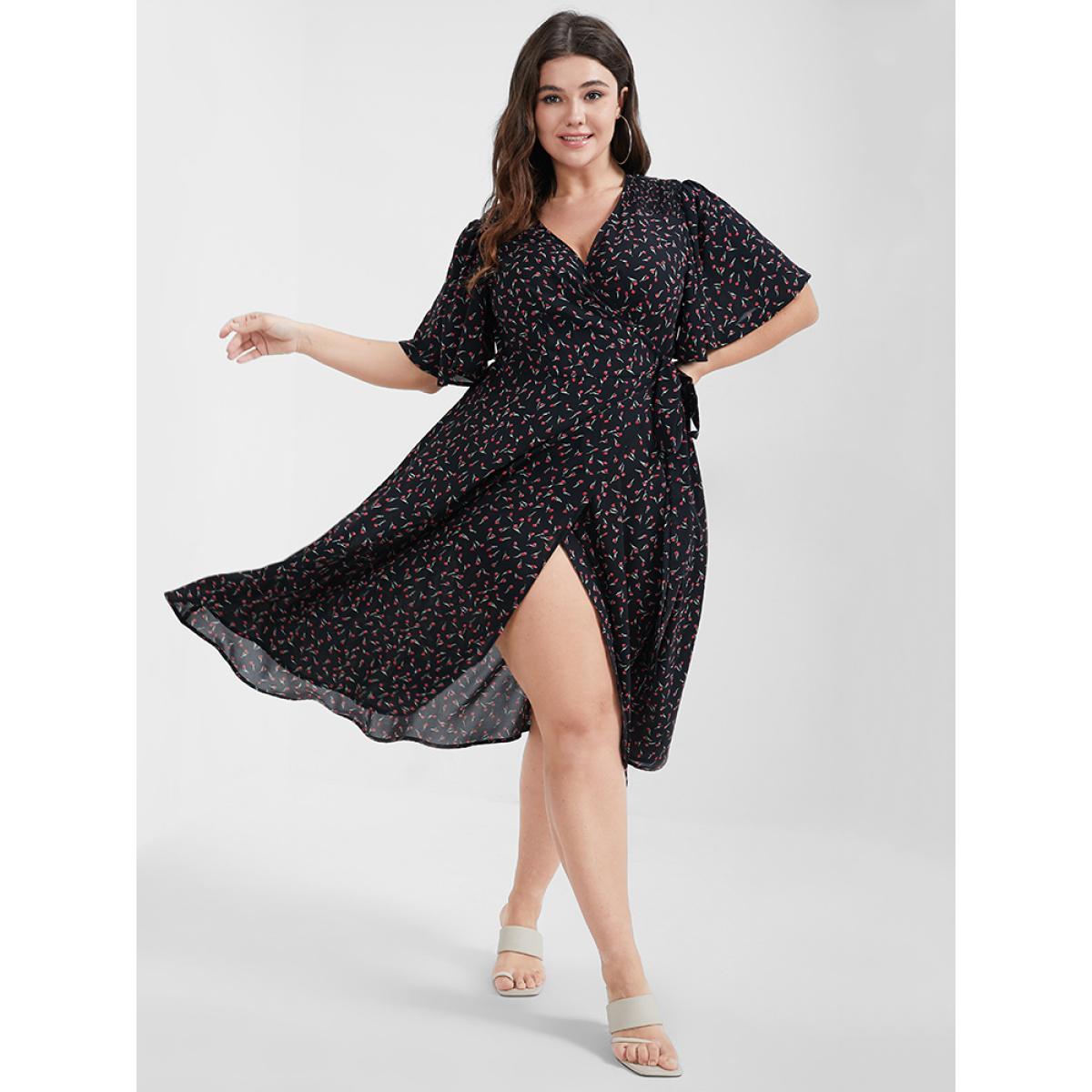 Plus Size Ditsy Floral Knotted Ruffled Split Midi Dress BlackFlower Women Elegant Wrap V-neck Short sleeve Curvy Midi Dress BloomChic 30/6X Product Image