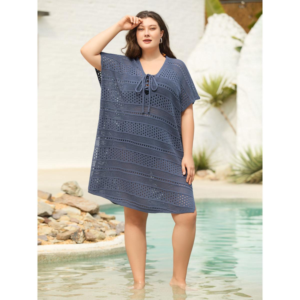 Plus Size Cut-Out Tied Solid Swim Cover-Up Women's Swimwear SlateGray Beach Loose Tie knot Curve Swim Cover Ups BloomChic 10/M Product Image