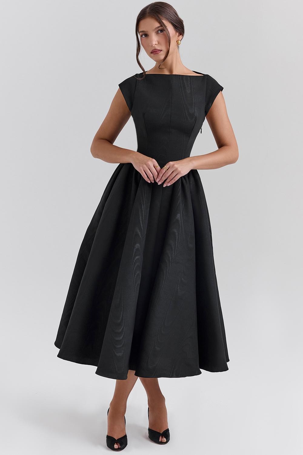 Debutante  black moire satin backless midi dress Product Image
