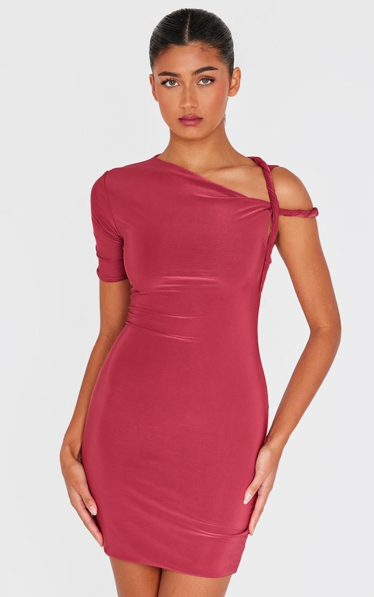 Burgundy Slinky Twist Shoulder Bodycon Dress Product Image
