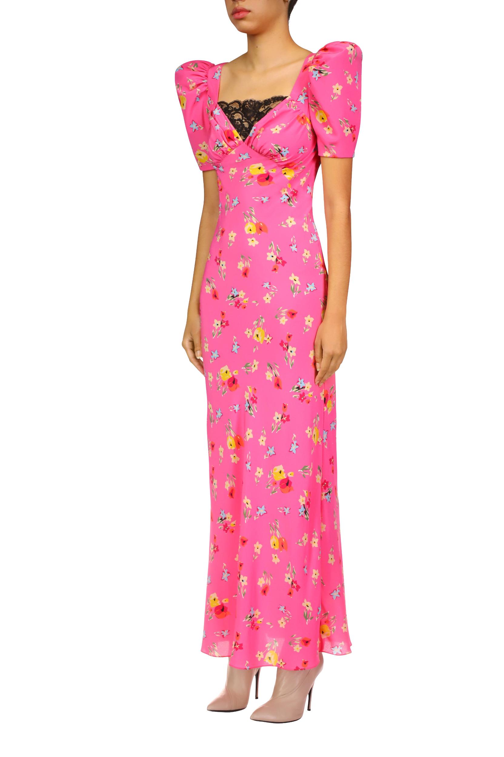 Pink Floral Silk Short Sleeve Dress With Lace Detail Product Image